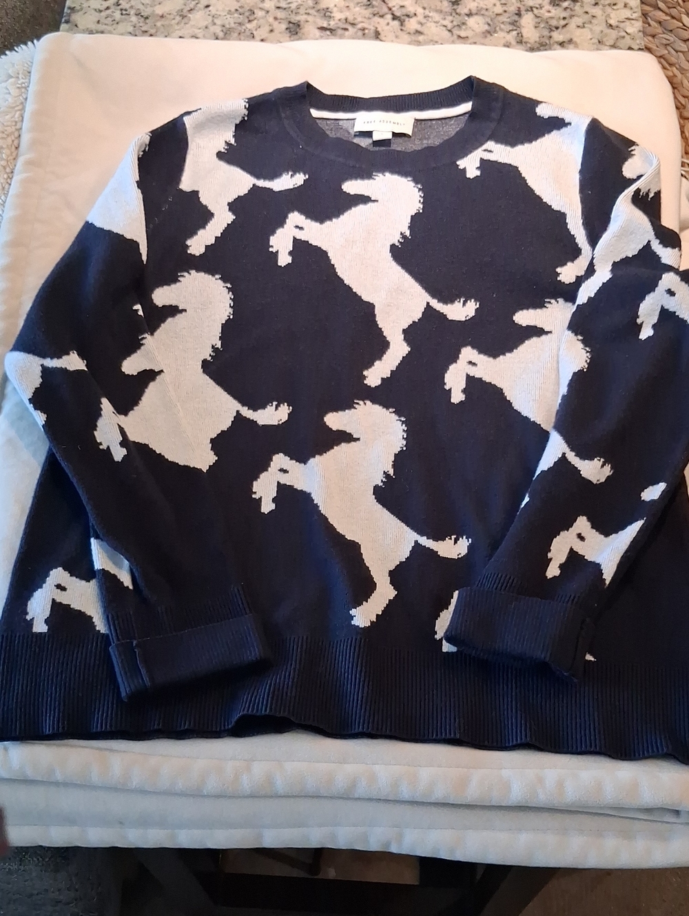 Women's Navy and Cream Horse-Print Crewneck Sweater